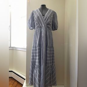 Puff Sleeve Vintage-Style Maxi Dress with navy and white pinstripes